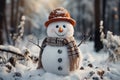 Realistic snowman in a red hat and scarf is smiling while standing in the snow near the fir trees. Christmas holidays. Generative Royalty Free Stock Photo