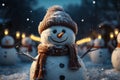 Realistic snowman in a red hat and scarf is smiling while standing in the snow near the fir trees. Christmas holidays. Generative Royalty Free Stock Photo