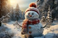 Realistic snowman in a red hat and scarf is smiling while standing in the snow near the fir trees. Christmas holidays. Generative Royalty Free Stock Photo