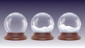 Realistic snowy glass globe. 3d snow globes, winter snowfall in crystal bubble. Christmas new year decorative toy. Xmas