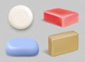 Realistic soap. Bathing hygienic items for self cleaning hand washing tools decent vector soap colored set