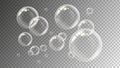 Realistic soap bubbles. Flying transparent water drops. Liquid spheres vector illustration Royalty Free Stock Photo