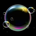 Realistic soap bubbles with rainbow reflection on black background. Vector water foam bubbles. Colorful iridescent glass sphere.