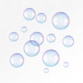 Realistic soap bubbles. Rainbow reflection bubbles isolated vector on transparent illustration