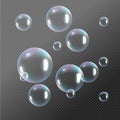 Realistic soap bubbles. Rainbow reflection bubbles isolated vector on transparent illustration Royalty Free Stock Photo