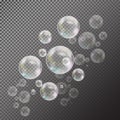 Realistic soap bubbles with rainbow reflection set isolated on the black transparent background. Royalty Free Stock Photo