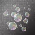 Realistic soap bubbles with rainbow reflection set isolated on the black transparent background Royalty Free Stock Photo