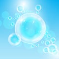 Realistic soap bubbles with rainbow reflection set isolated on the blue background Royalty Free Stock Photo