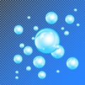 Realistic soap bubbles with rainbow reflection set isolated on the blue transparent background. vector Illustration Royalty Free Stock Photo