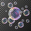 Realistic soap bubbles with rainbow reflection set isolated vector illustration. Royalty Free Stock Photo