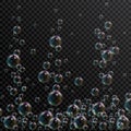 Realistic soap bubbles with rainbow reflection on transparent background. Soap foam, shampoo bubbles in bath or shower Royalty Free Stock Photo