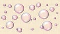 Realistic soap bubbles on light woody background, vector illustration