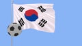 A realistic soccer ball and the realistically fluttering flag of South Korea on ablue background, 3d rendering.