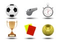 Realistic soccer set of icons with referees objects, trophy, football ball, stopwatch, yellow and red card isolated on Royalty Free Stock Photo