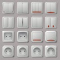 Realistic socket and electric switch icon set. Home buttons plastic light toggle. Interior wall outlets or electric Royalty Free Stock Photo