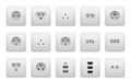 Realistic socket types. AC power wall socket mock up, USB hand drawnMI RG45 electric ports, European and American