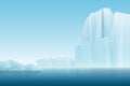 Realistic soft fog arctic iceberg ice mountains with blue sea, winter landscape. Vector nature cartoon background