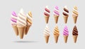 Realistic soft ice cream in waffle cone set. Soft serve ice cream, 3d vector american sundae swirl in three flavors Royalty Free Stock Photo