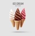 Realistic soft ice cream in waffle cone. Soft serve ice cream, 3d vector american sundae swirl in three flavors Royalty Free Stock Photo