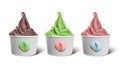 Realistic soft serve frozen yogurt or ice cream in a paper bowl for creamery advertisement in chocolate, matcha or berry flavor