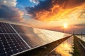 Realistic solar panels with a reflective surface under a dramatic sunset sky. the sunlight glows brightly, illuminating Royalty Free Stock Photo