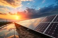 Realistic solar panels with a reflective surface under a dramatic sunset sky. the sunlight glows brightly, illuminating Royalty Free Stock Photo