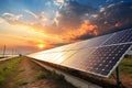 Realistic solar panels with a reflective surface under a dramatic sunset sky. the sunlight glows brightly, illuminating Royalty Free Stock Photo