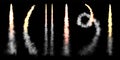 Realistic space rocket launch trails on black background. Fire burst, explosion. Missile or bullet trail. Jet aircraft Royalty Free Stock Photo