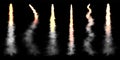 Realistic space rocket launch trails on black background. Fire burst, explosion. Missile or bullet trail. Jet aircraft Royalty Free Stock Photo