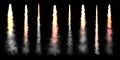 Realistic space rocket launch trails on black background. Fire burst, explosion. Missile or bullet trail. Jet aircraft