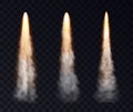 Realistic space rocket launch trails set. Missile or bullet trail. Jet aircraft tracks. Smoke clouds