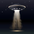 Realistic spaceship, unidentified flying object over night sky. UFO invasion. Alien space rocket