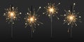 Realistic sparkler. Party and birthday firework lights, vector New Year and Christmas decorative elements on transparent