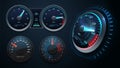 Realistic speedometer. Sport car dashboard, auto panel with arrows and speed measuring board vector set