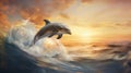 Realistic Speedpainting Of Joyful Dolphin Jumping Over Sunset Wave