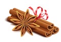 Realistic spices, cinnamon sticks and anise star isolated