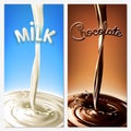 Realistic splash flowing milk and chocolate cocoa in the blue and brown background.