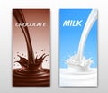 Realistic splash of pouring chocolate and milk. Vertical banners Royalty Free Stock Photo