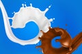 realistic splashes of milk and chocolate 3D.Abstract realistic milk drop with splashes isolated on blue background Royalty Free Stock Photo