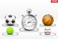 Realistic Sport balls and stopwatch with markers