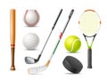 Realistic sport inventory. Wooden baseball bat. Tennis racket and ball. Hockey stick or golf accessories. Playing puck