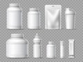 Realistic sport nutrition packaging. Protein powder white containers mockup, training and supplements plastic cans and