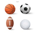 Realistic sports ball set. Basketball, Soccer football, American football and golf.