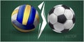 Realistic sports balls for playing games vector illustrations set. Round sports equipment icons isolated on green background. Royalty Free Stock Photo