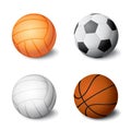 Realistic sports balls set icon isolated on white background, volleyball, soccer, basketball, vector illustration. Royalty Free Stock Photo