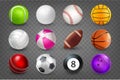 Realistic sports balls. Soccer and baseball, tennis, bowling, tennis, golf.