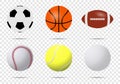 Realistic sports balls vector big set isolated on transparent background. Illustration of golf and baseball, football Royalty Free Stock Photo