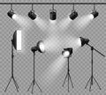 Realistic spotlight. Illuminated photo studio and stage light, floodlights and softbox set for vivid show, concert light