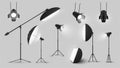 Realistic spotlight set vector illustration light electric equipment for professional shooting