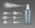 Realistic spray bottle with jet. Cosmetic plastic water aerosol spraying mist clouds. Deodorant or skincare product
